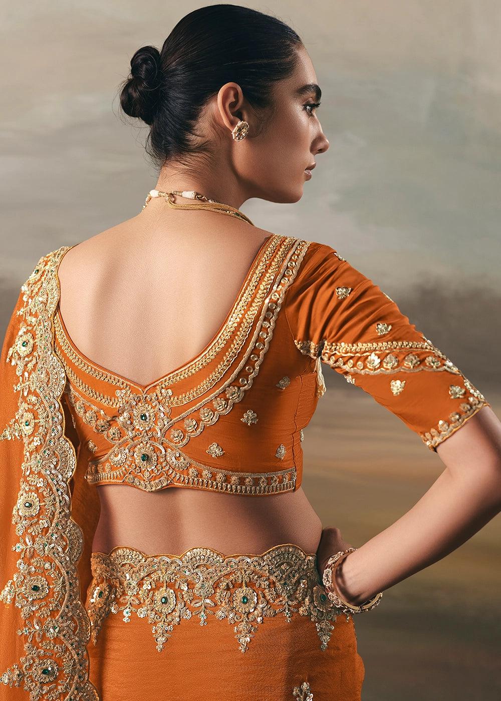 Pumpkin Orange Designer Tissue Saree with Multi-Handcrafted Work