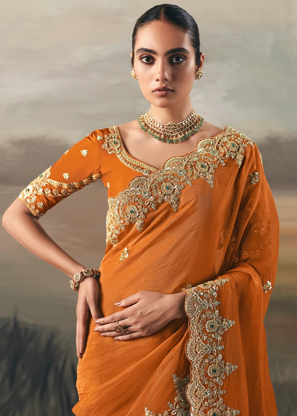 Pumpkin Orange Designer Tissue Saree with Multi-Handcrafted Work