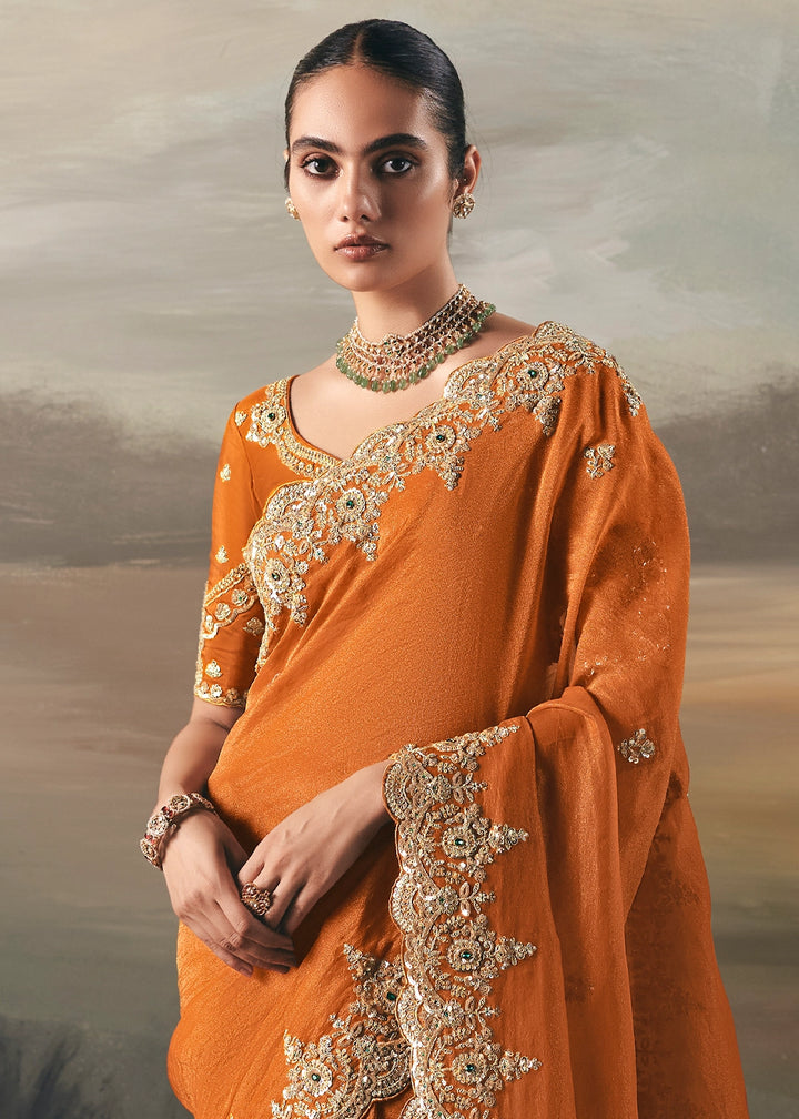 Pumpkin Orange Designer Tissue Saree with Multi-Handcrafted Work