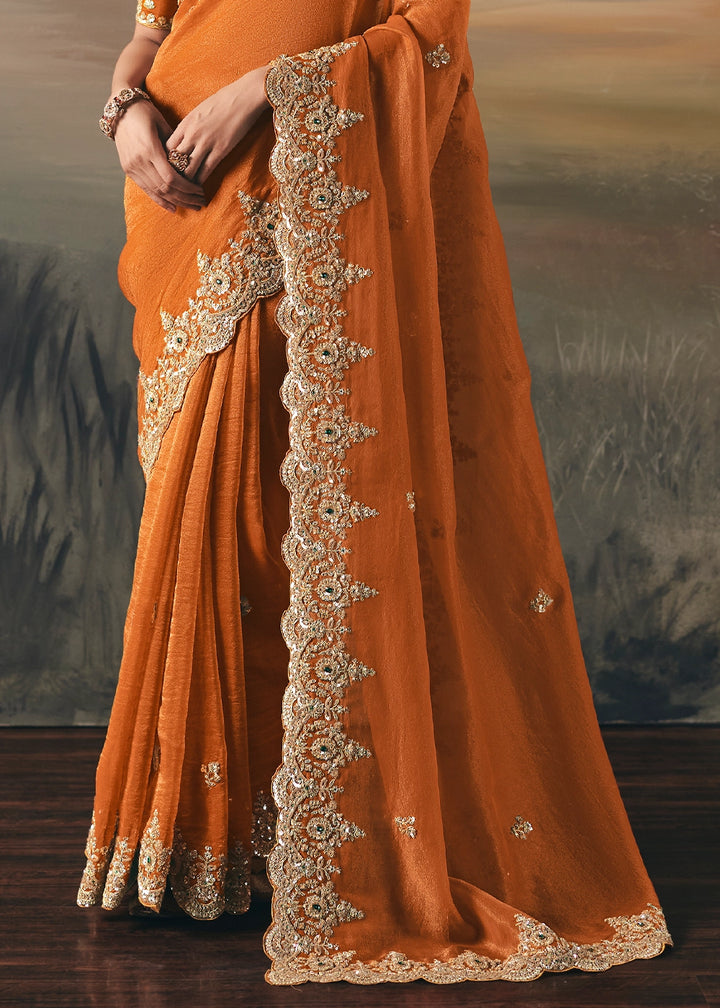 Pumpkin Orange Designer Tissue Saree with Multi-Handcrafted Work