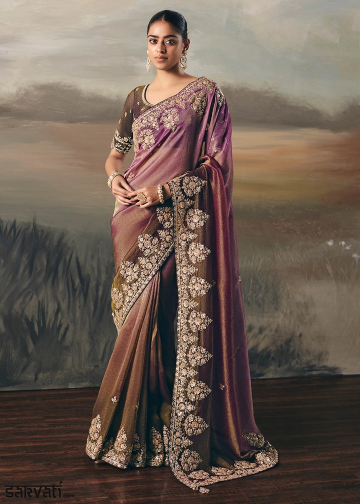 Tones Of Purple Designer Tissue Saree with Multi-Handcrafted Work
