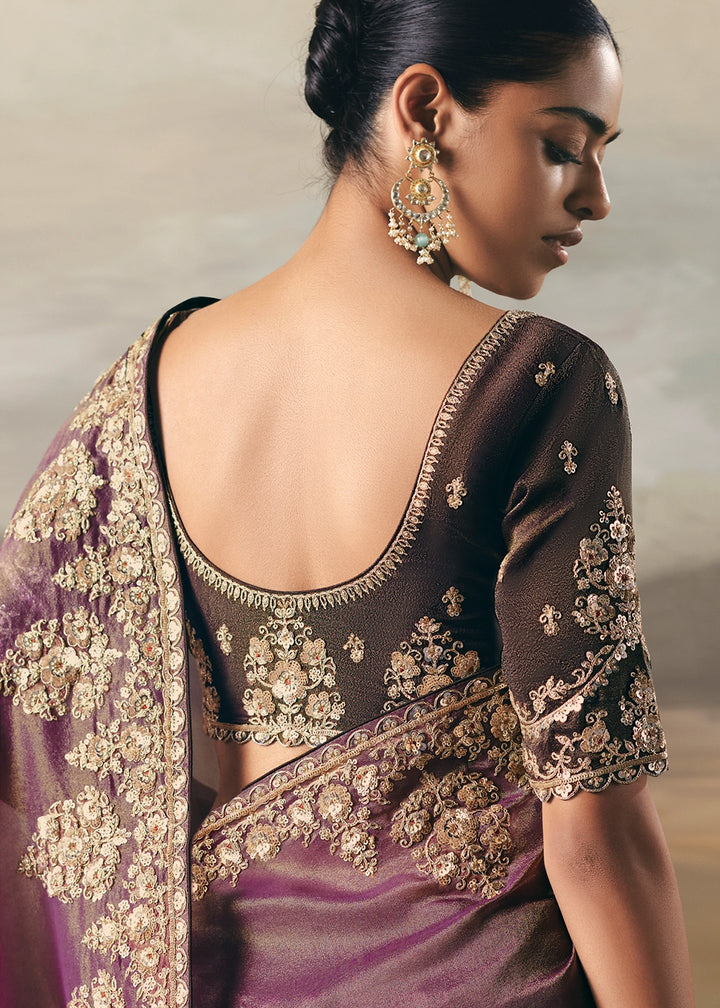 Tones Of Purple Designer Tissue Saree with Multi-Handcrafted Work