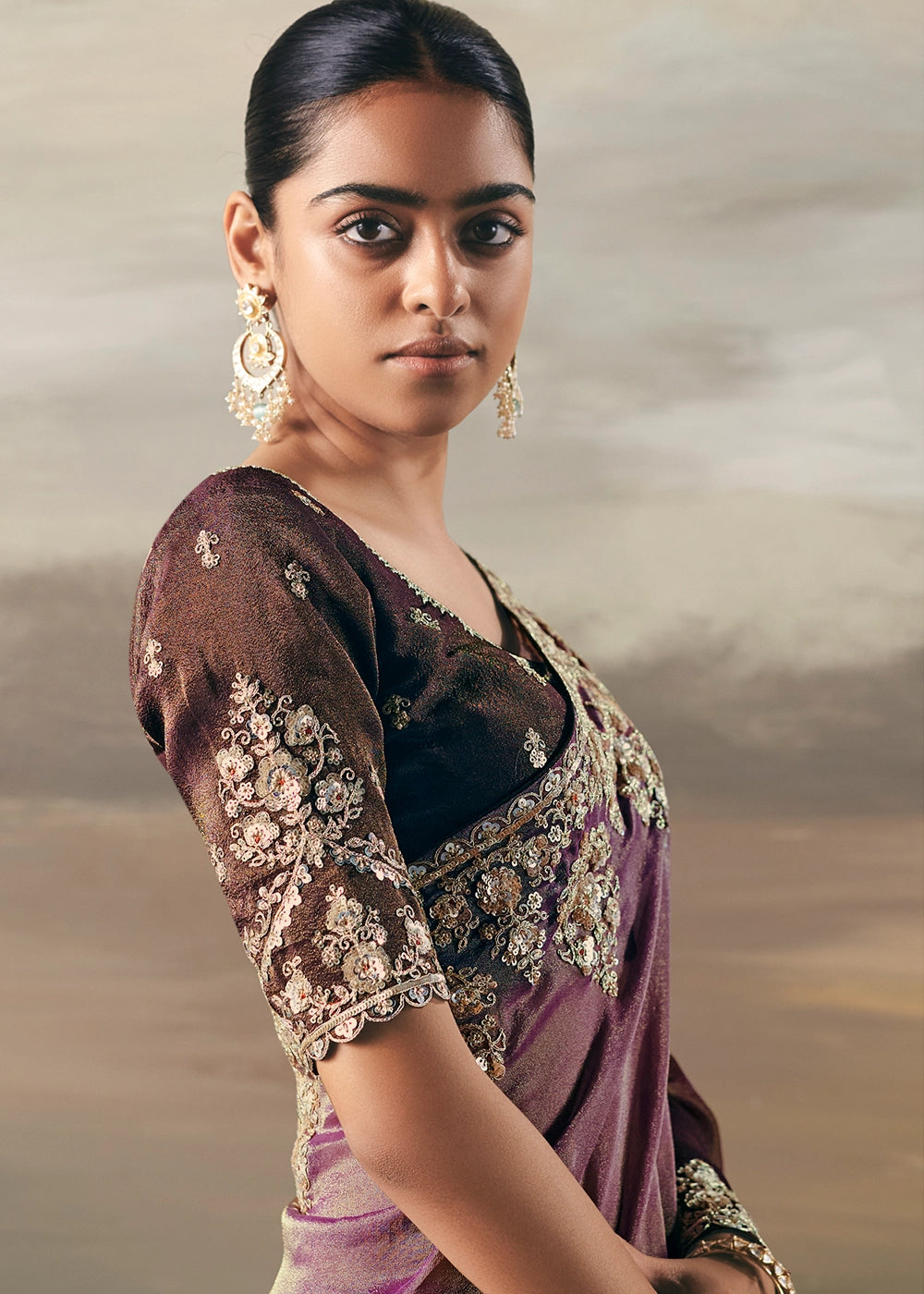 Tones Of Purple Designer Tissue Saree with Multi-Handcrafted Work