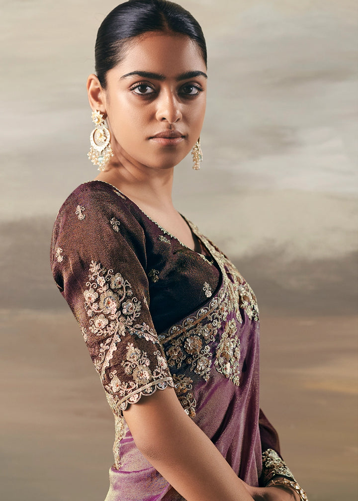 Tones Of Purple Designer Tissue Saree with Multi-Handcrafted Work