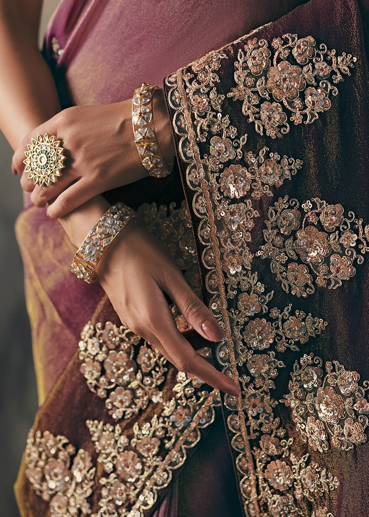 Tones Of Purple Designer Tissue Saree with Multi-Handcrafted Work