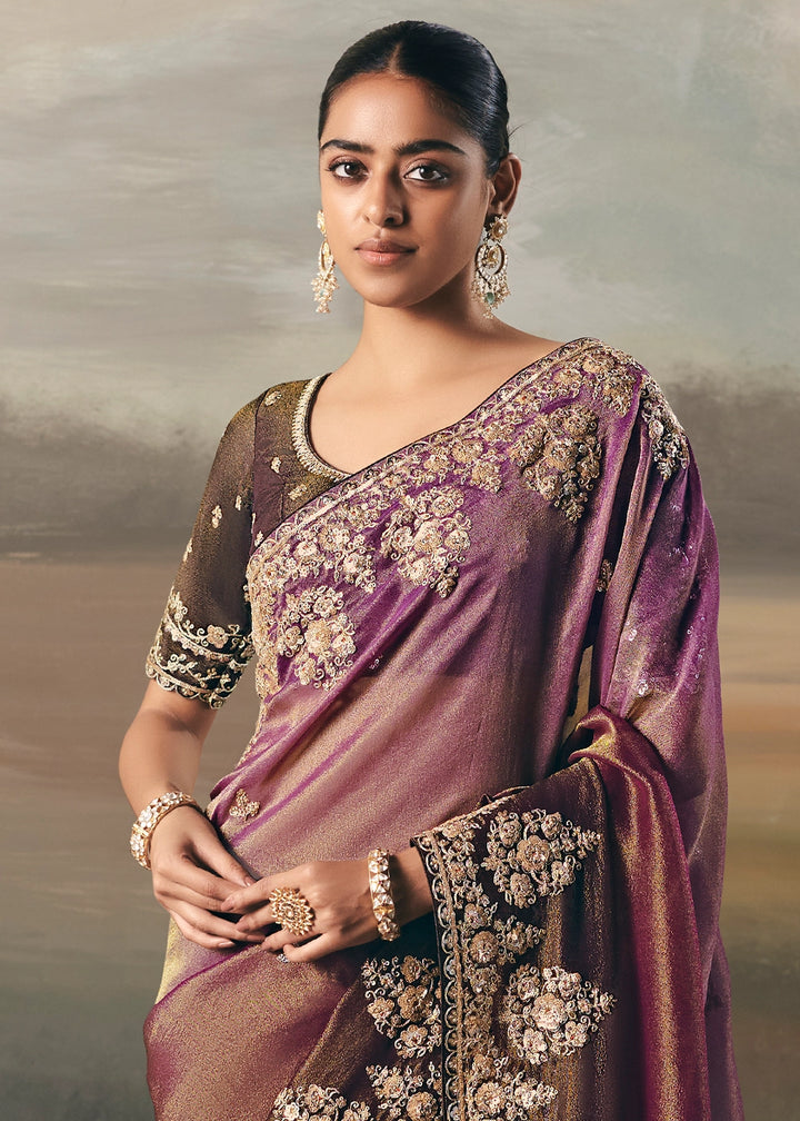 Tones Of Purple Designer Tissue Saree with Multi-Handcrafted Work