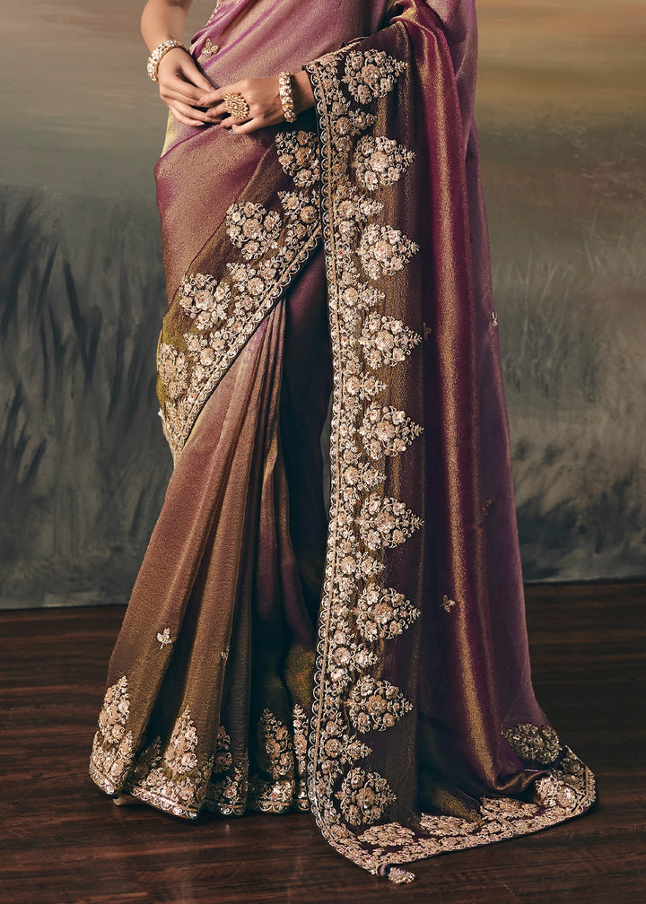 Tones Of Purple Designer Tissue Saree with Multi-Handcrafted Work