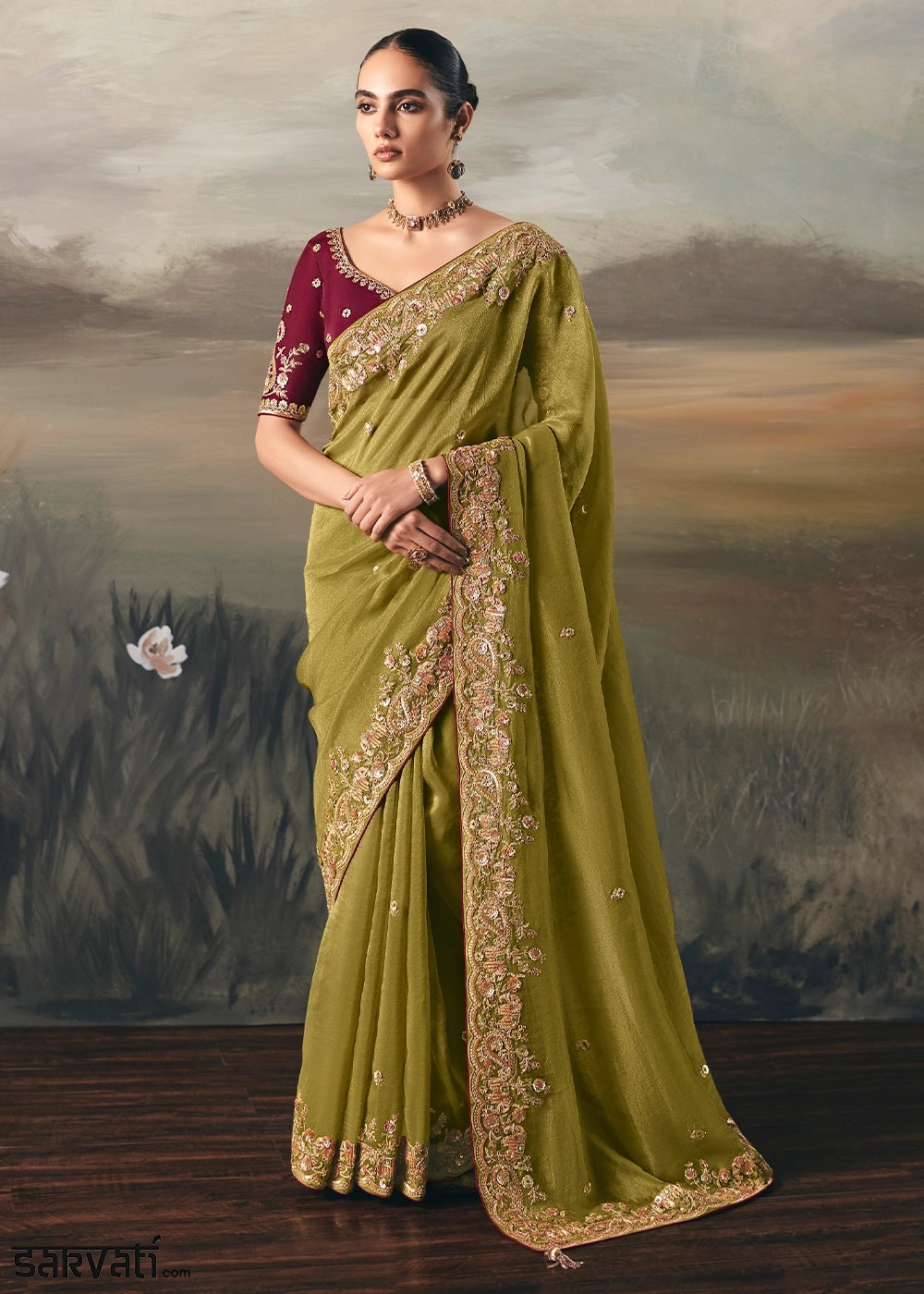 Avocado Green Designer Tissue Saree with Multi-Handcrafted Work