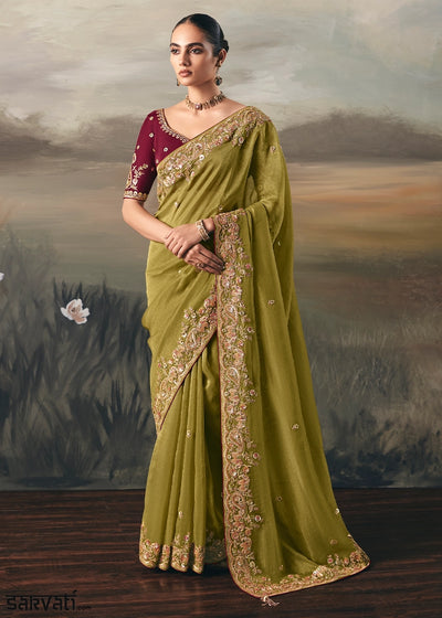 Avocado Green Designer Tissue Saree with Multi-Handcrafted Work