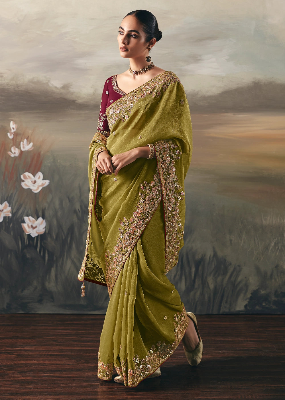 Avocado Green Designer Tissue Saree with Multi-Handcrafted Work