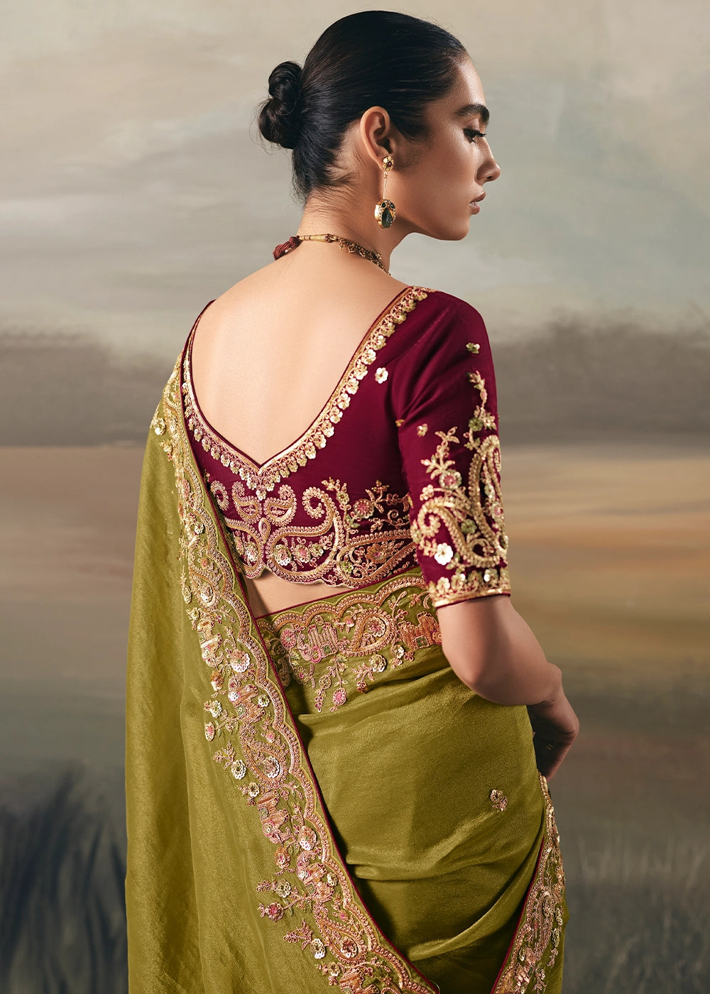 Avocado Green Designer Tissue Saree with Multi-Handcrafted Work