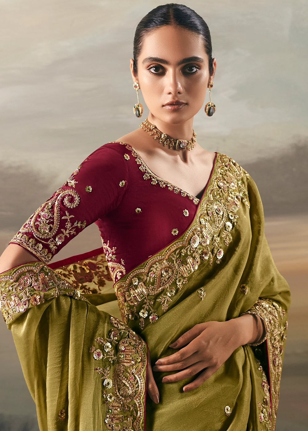 Avocado Green Designer Tissue Saree with Multi-Handcrafted Work