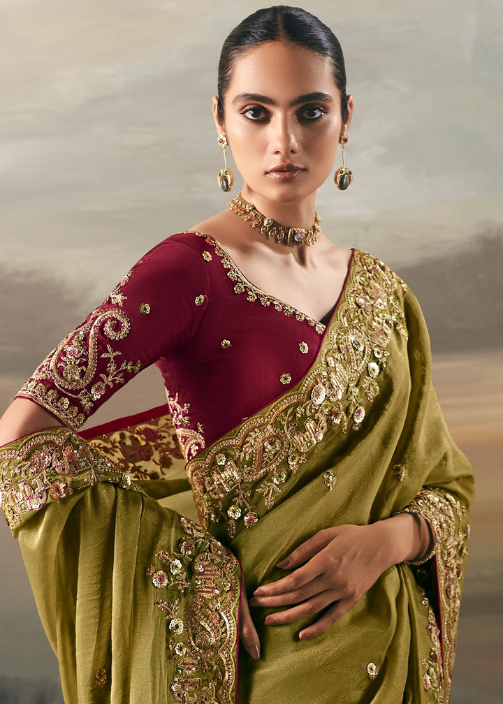 Avocado Green Designer Tissue Saree with Multi-Handcrafted Work