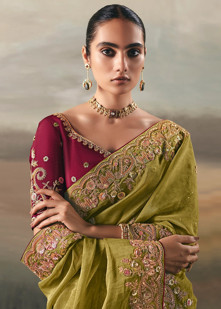 Avocado Green Designer Tissue Saree with Multi-Handcrafted Work