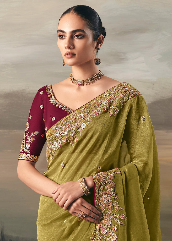 Avocado Green Designer Tissue Saree with Multi-Handcrafted Work