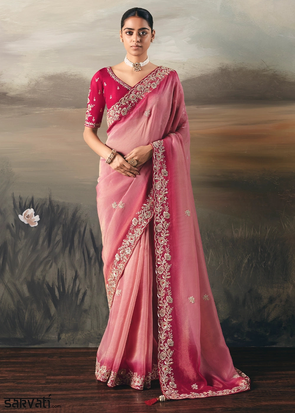 Tones Of Pink Designer Tissue Saree with Multi-Handcrafted Work