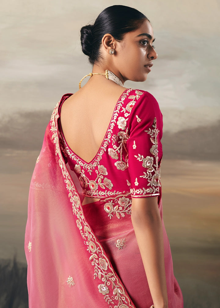 Tones Of Pink Designer Tissue Saree with Multi-Handcrafted Work