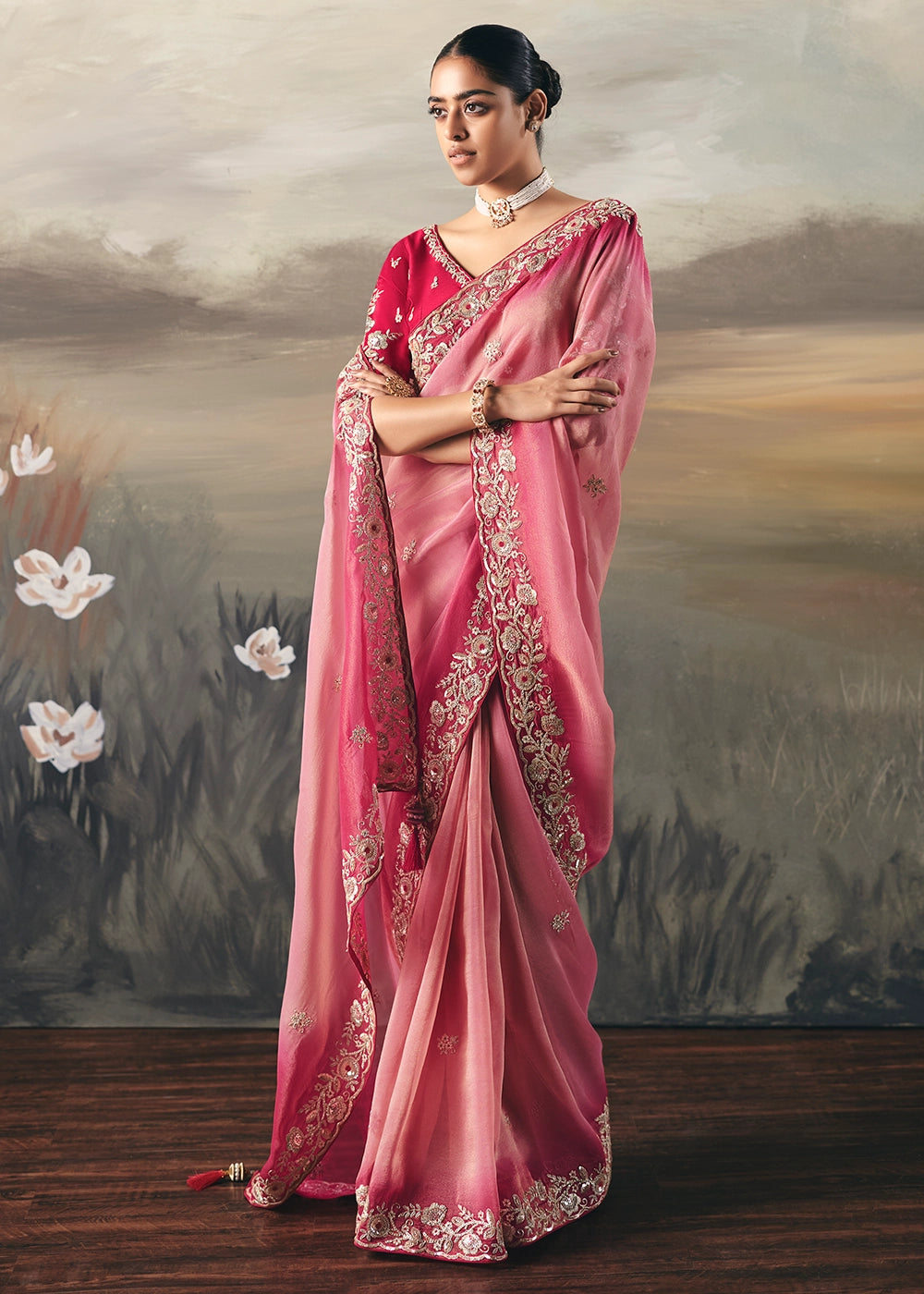 Tones Of Pink Designer Tissue Saree with Multi-Handcrafted Work