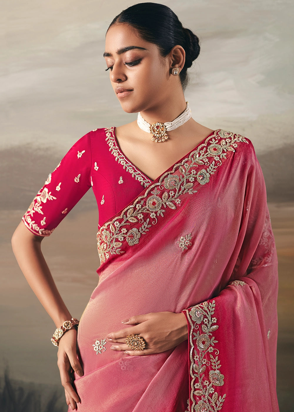 Tones Of Pink Designer Tissue Saree with Multi-Handcrafted Work