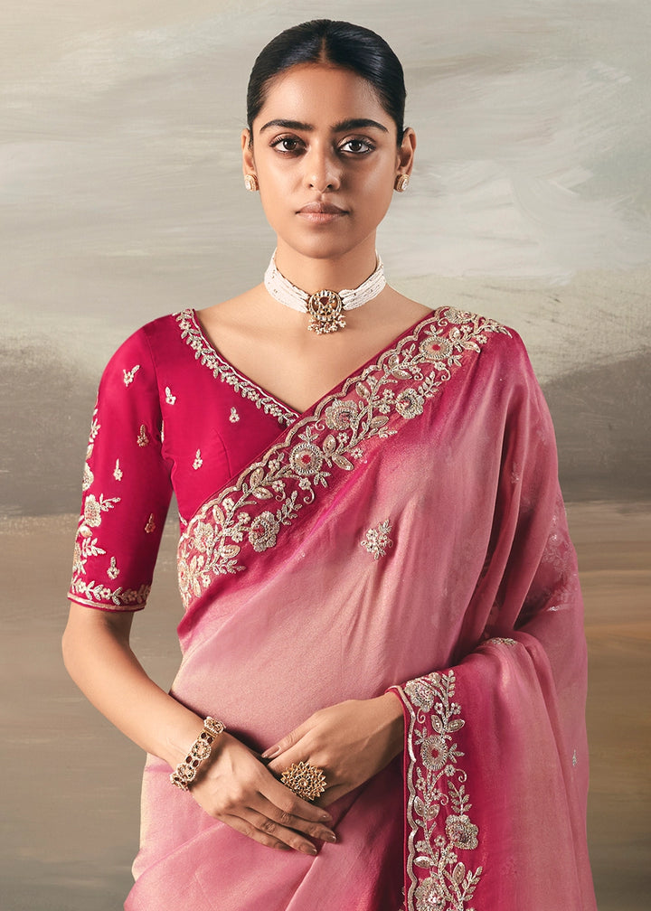 Tones Of Pink Designer Tissue Saree with Multi-Handcrafted Work