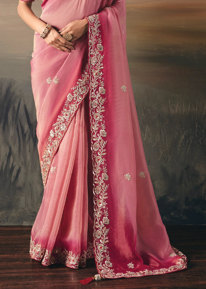 Tones Of Pink Designer Tissue Saree with Multi-Handcrafted Work