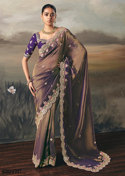 Shades Of Purple Designer Tissue Saree with Multi-Handcrafted Work