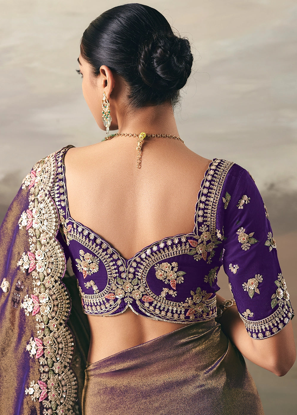 Shades Of Purple Designer Tissue Saree with Multi-Handcrafted Work