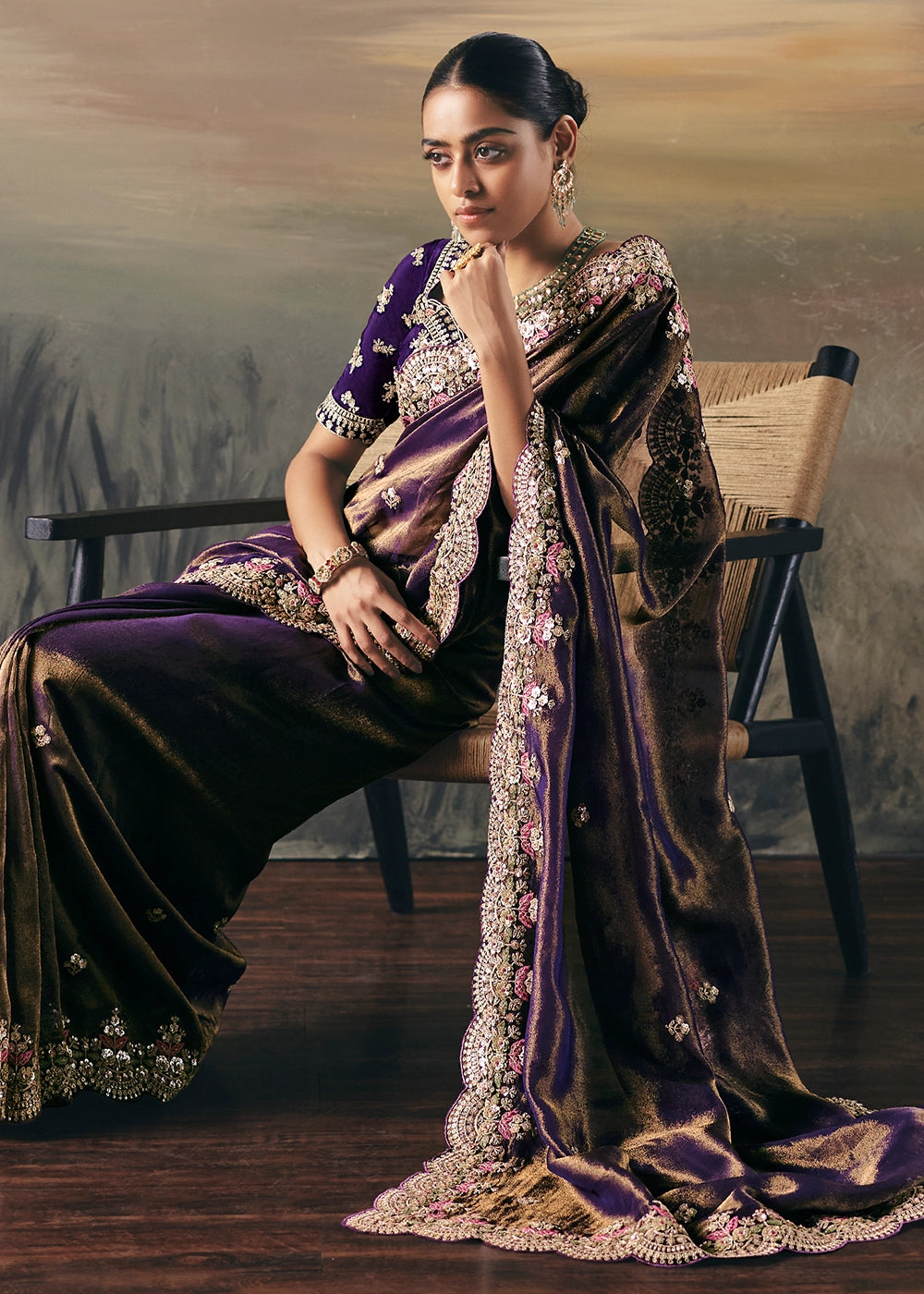 Shades Of Purple Designer Tissue Saree with Multi-Handcrafted Work