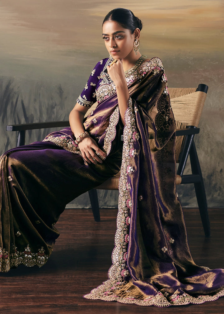 Shades Of Purple Designer Tissue Saree with Multi-Handcrafted Work