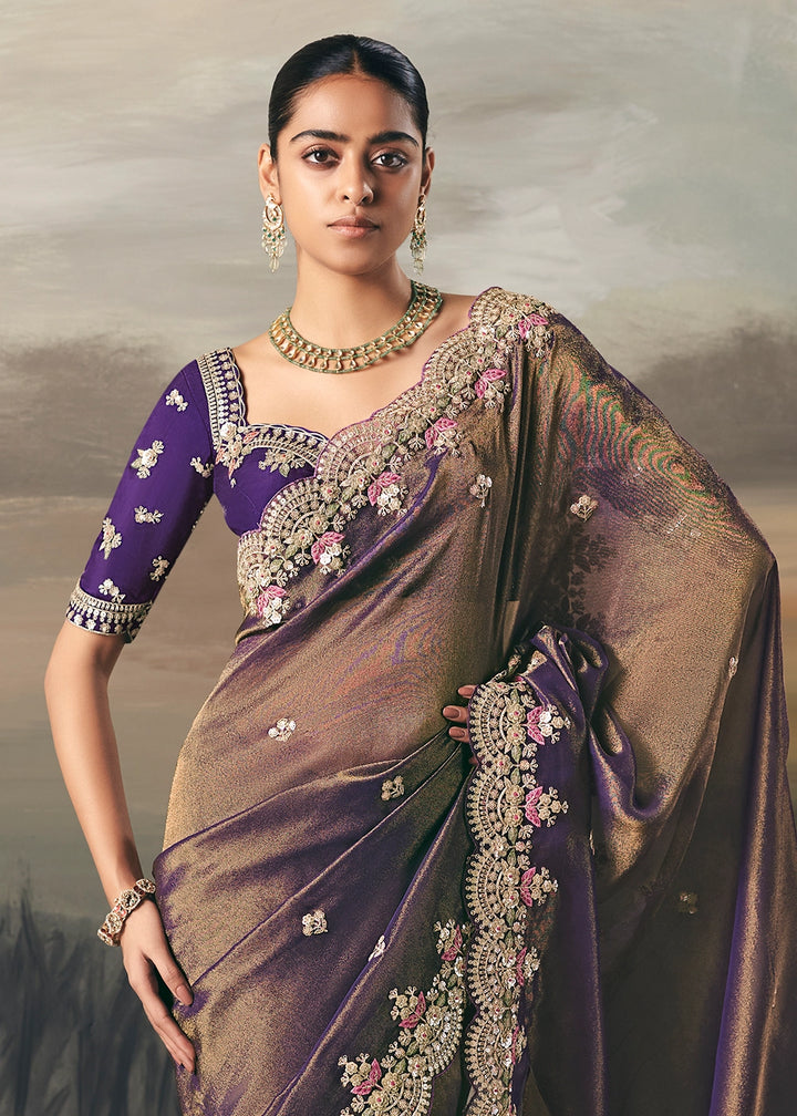 Shades Of Purple Designer Tissue Saree with Multi-Handcrafted Work