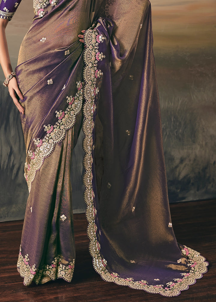 Shades Of Purple Designer Tissue Saree with Multi-Handcrafted Work