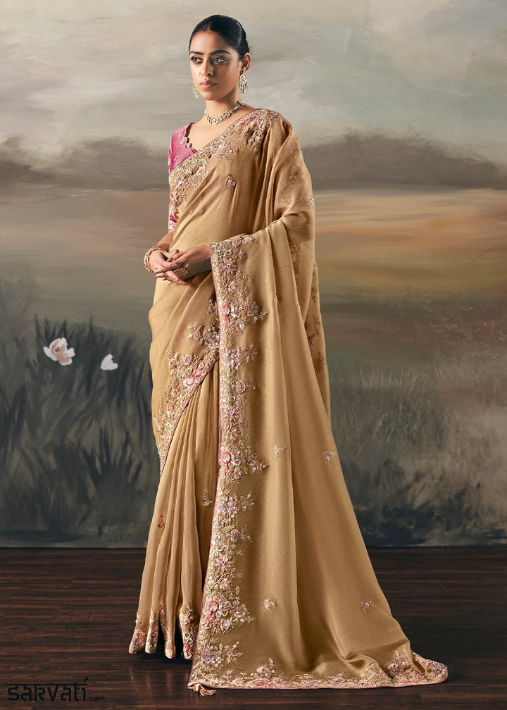 Light Brown Designer Tissue Saree with Multi-Handcrafted Work