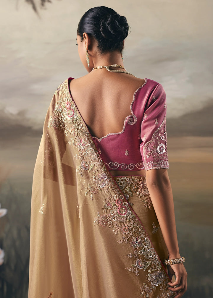 Light Brown Designer Tissue Saree with Multi-Handcrafted Work