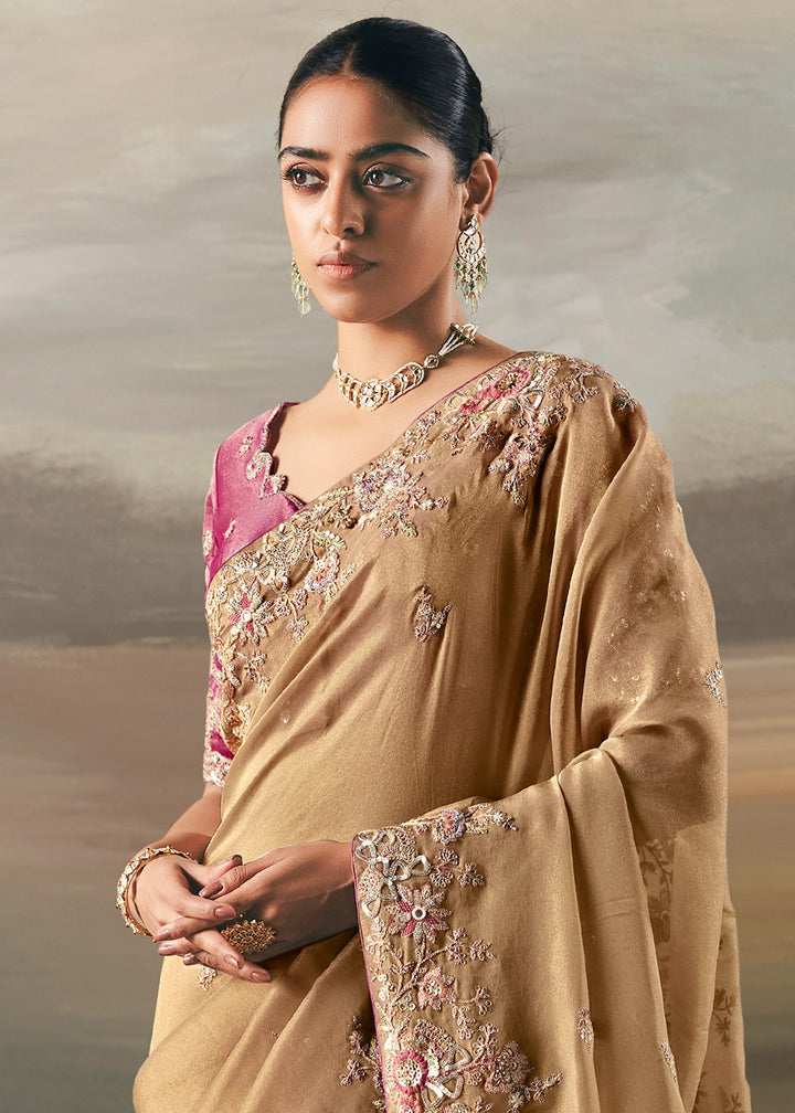 Light Brown Designer Tissue Saree with Multi-Handcrafted Work