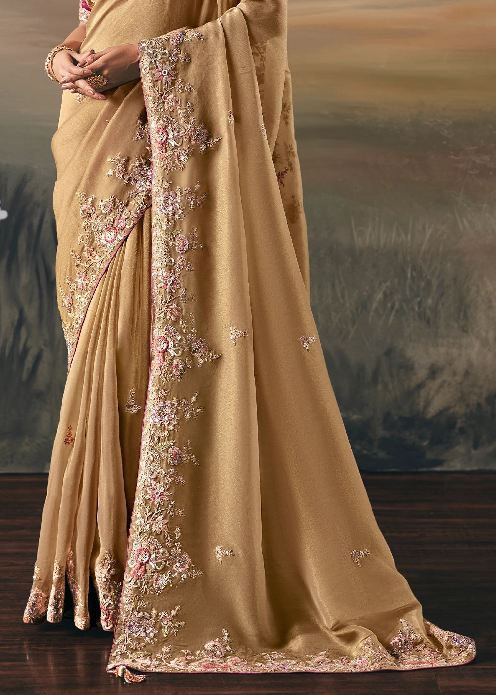 Light Brown Designer Tissue Saree with Multi-Handcrafted Work