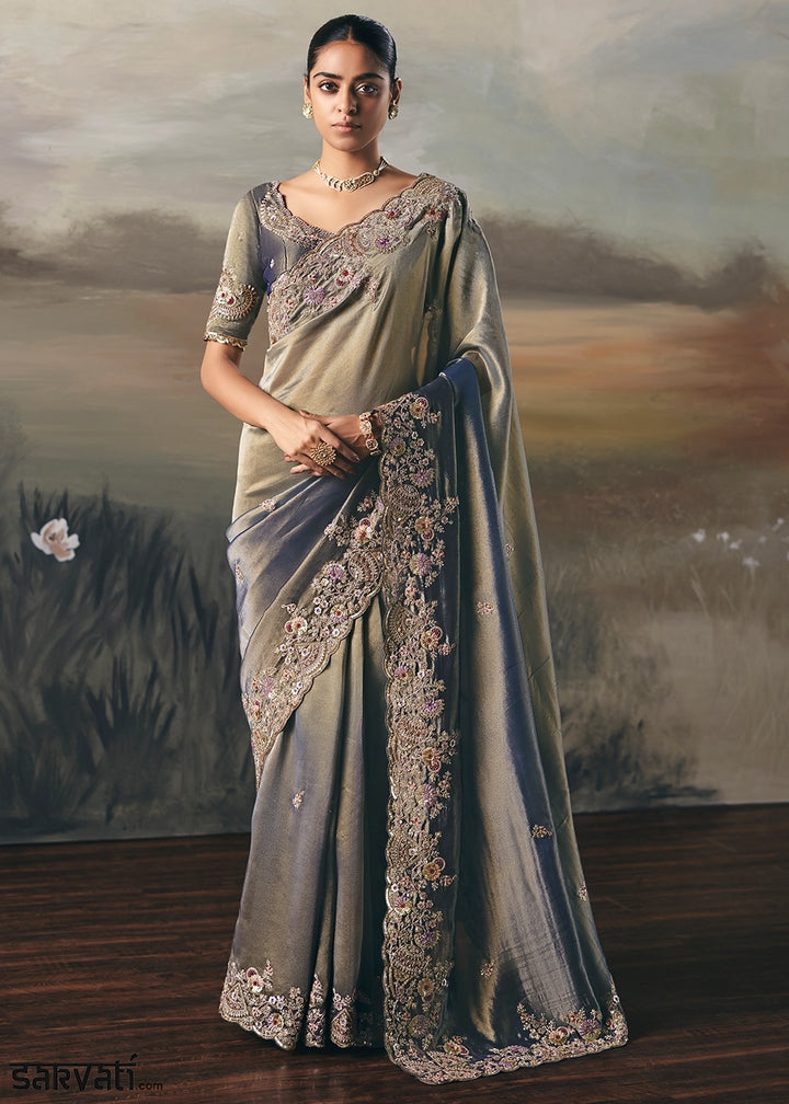 Dual Tones of Grey & Blue Designer Tissue Saree with Multi-Handcrafted Work