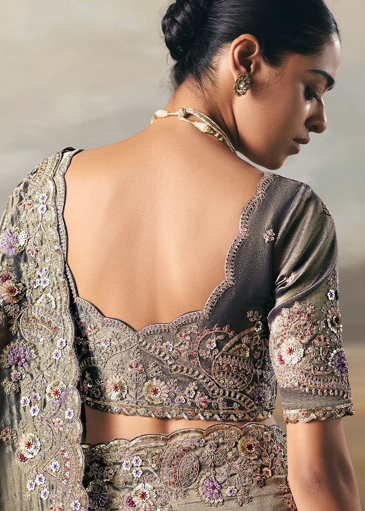 Dual Tones of Grey & Blue Designer Tissue Saree with Multi-Handcrafted Work