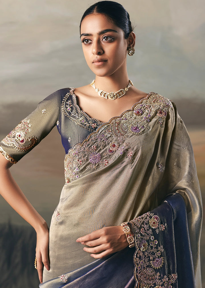 Dual Tones of Grey & Blue Designer Tissue Saree with Multi-Handcrafted Work