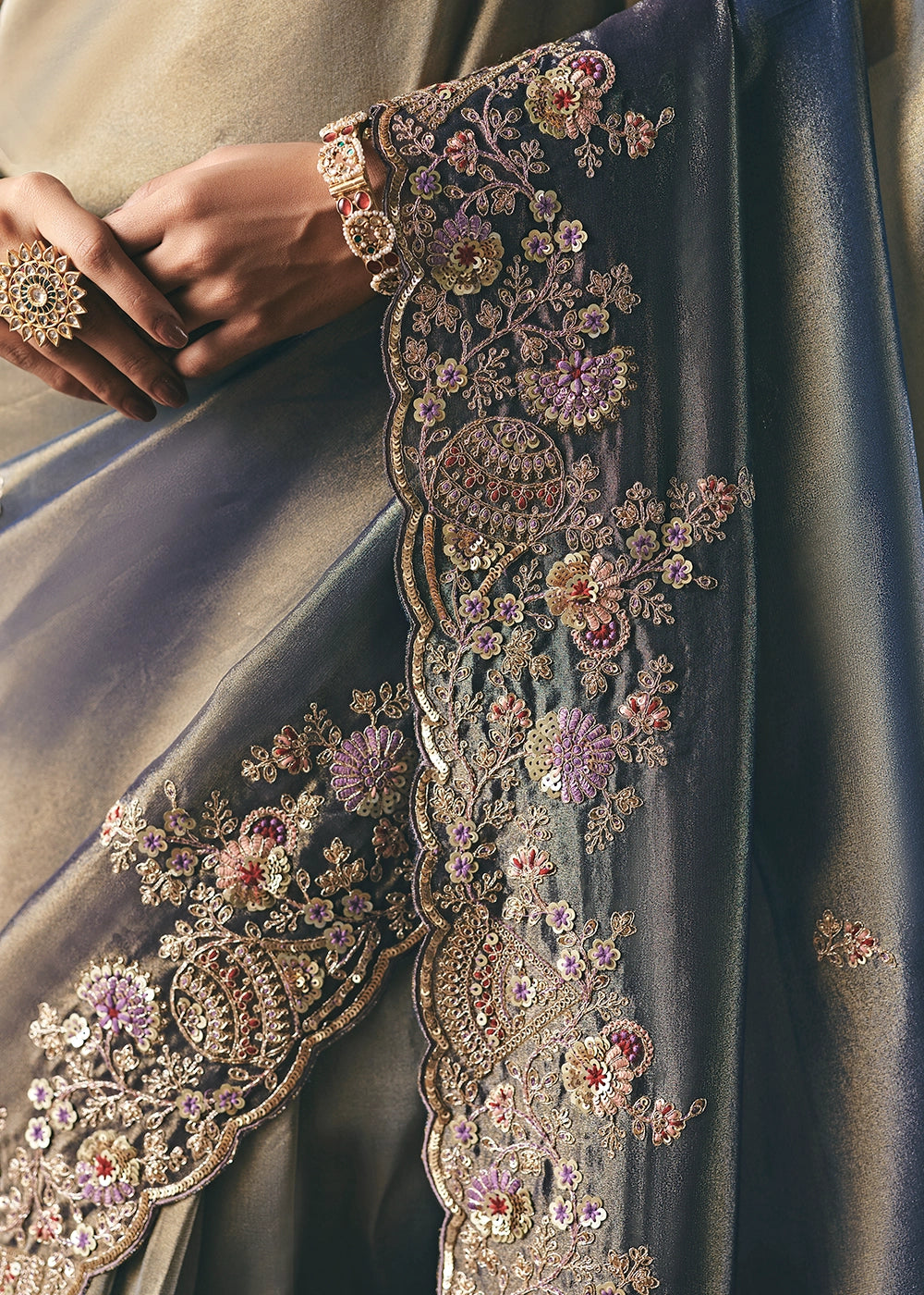 Dual Tones of Grey & Blue Designer Tissue Saree with Multi-Handcrafted Work