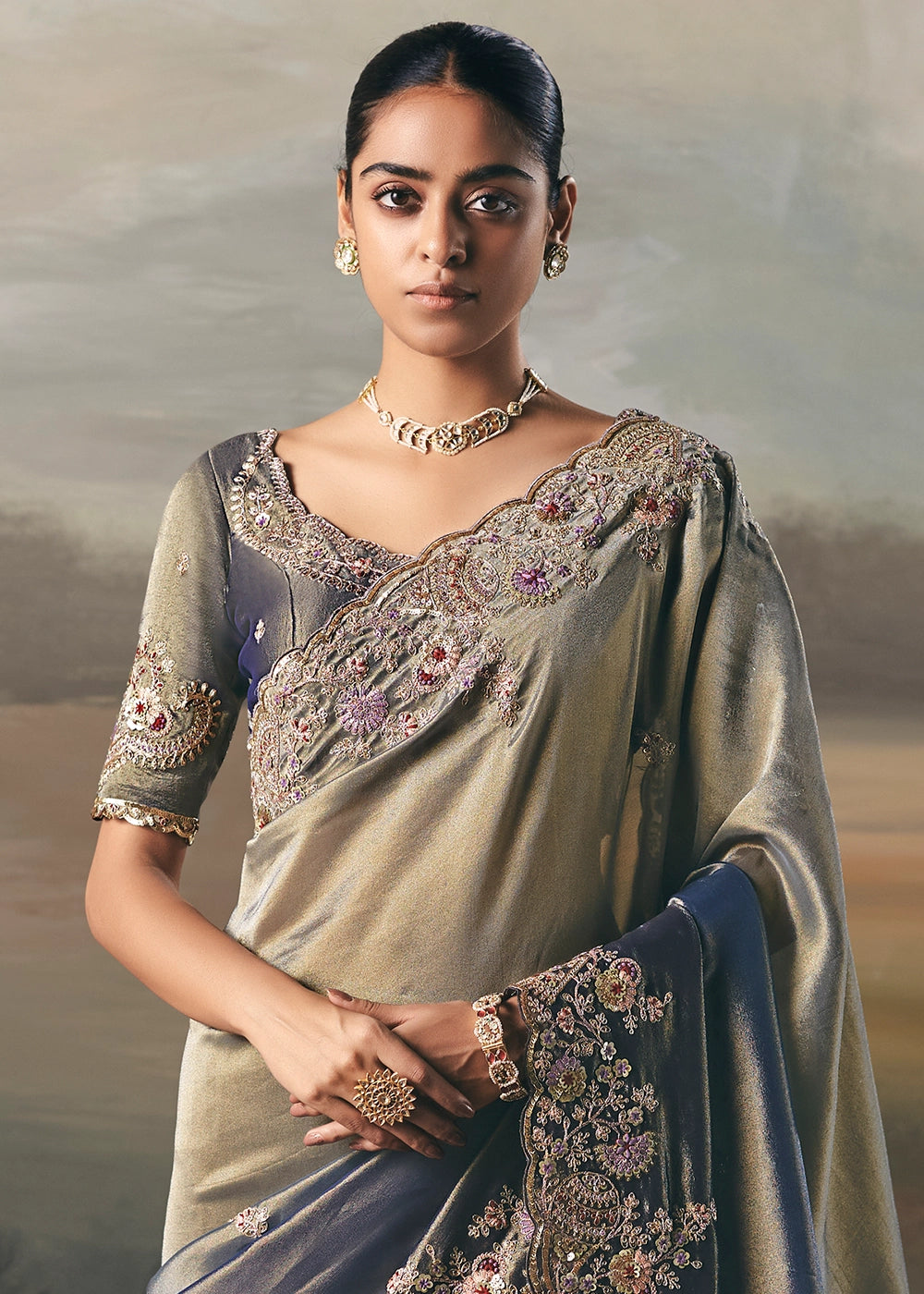 Dual Tones of Grey & Blue Designer Tissue Saree with Multi-Handcrafted Work