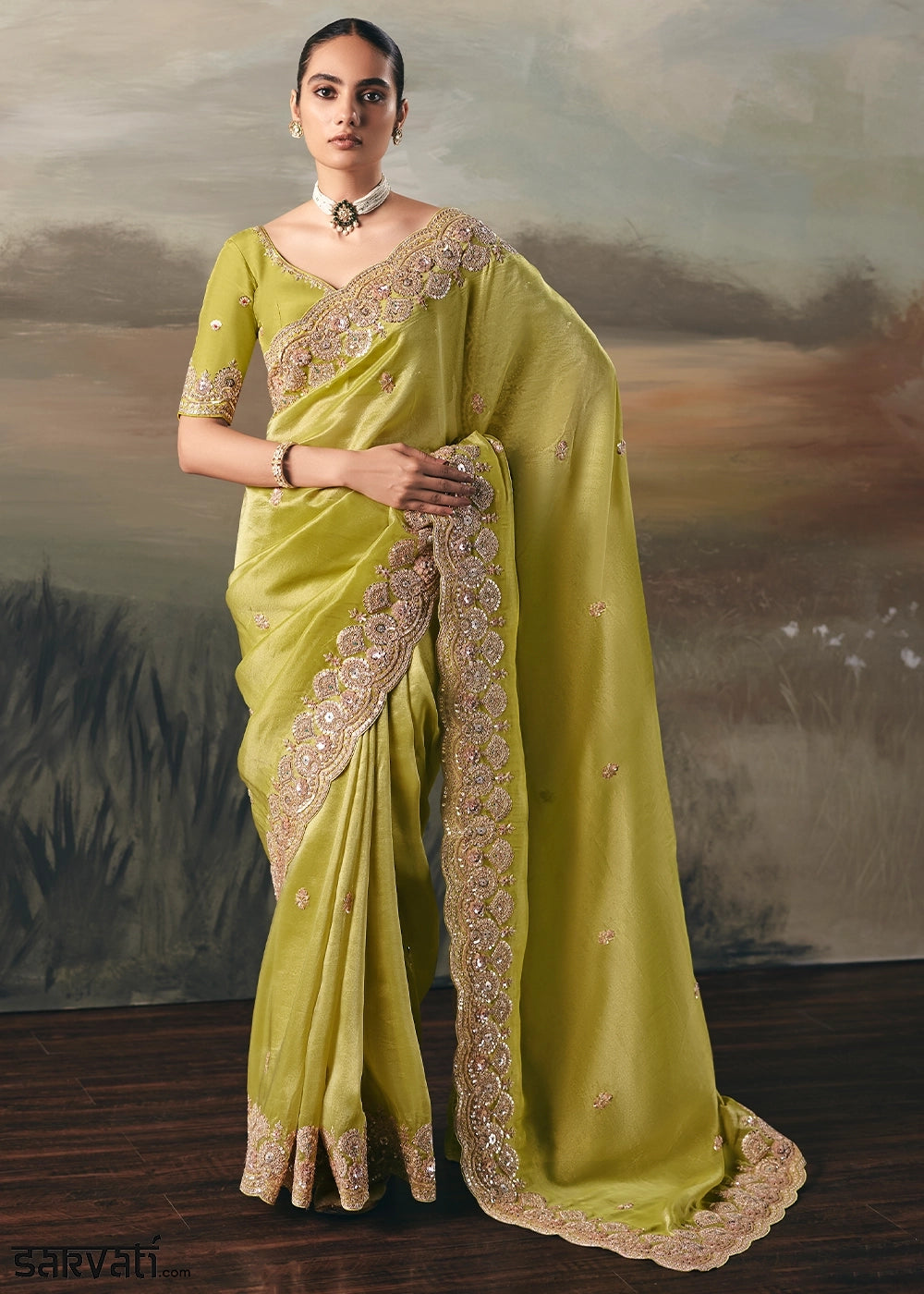 Limerick Green Designer Tissue Saree with Multi-Handcrafted Work