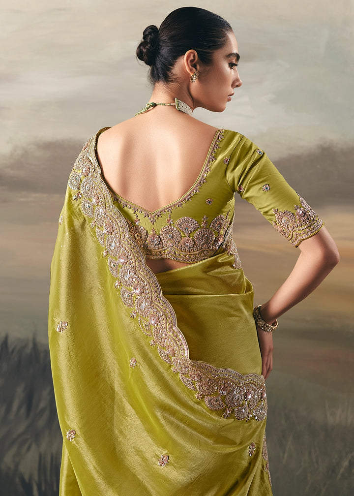 Limerick Green Designer Tissue Saree with Multi-Handcrafted Work