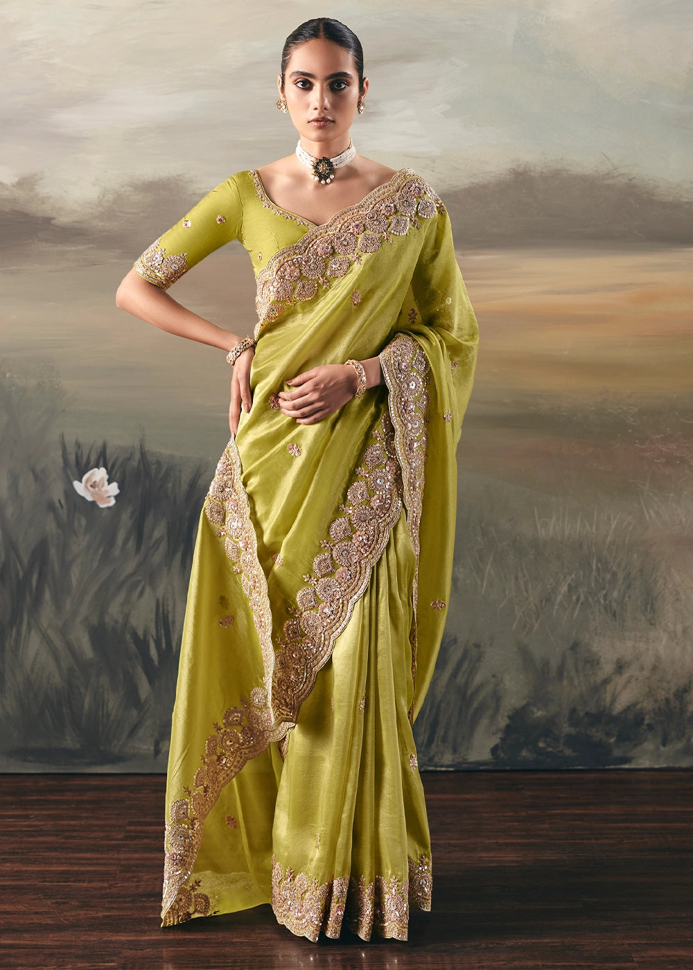 Limerick Green Designer Tissue Saree with Multi-Handcrafted Work
