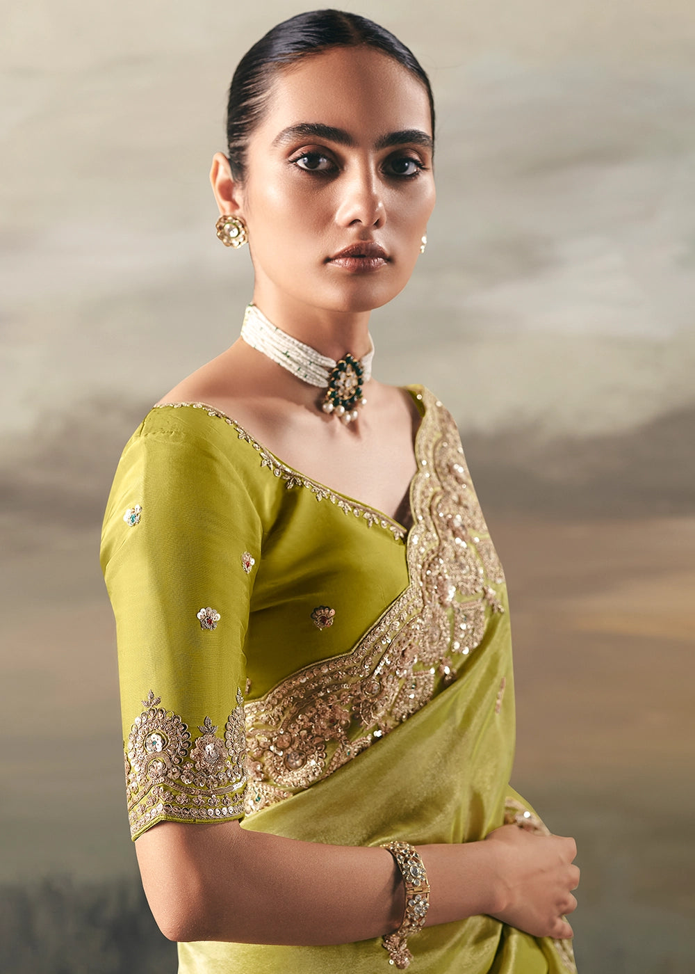 Limerick Green Designer Tissue Saree with Multi-Handcrafted Work