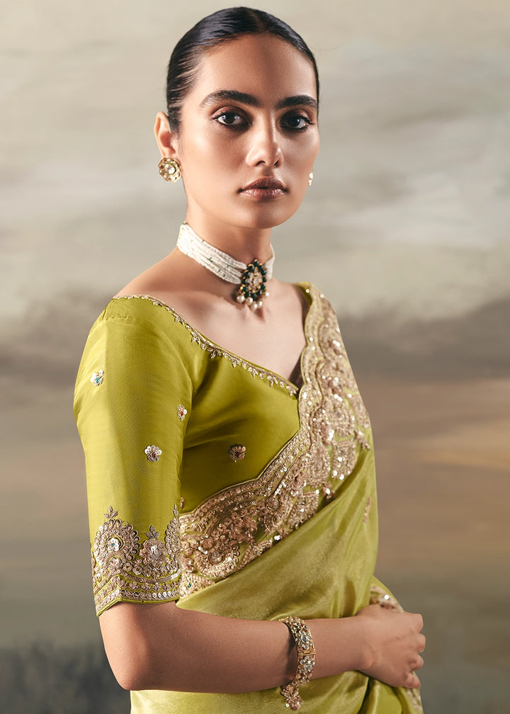 Limerick Green Designer Tissue Saree with Multi-Handcrafted Work