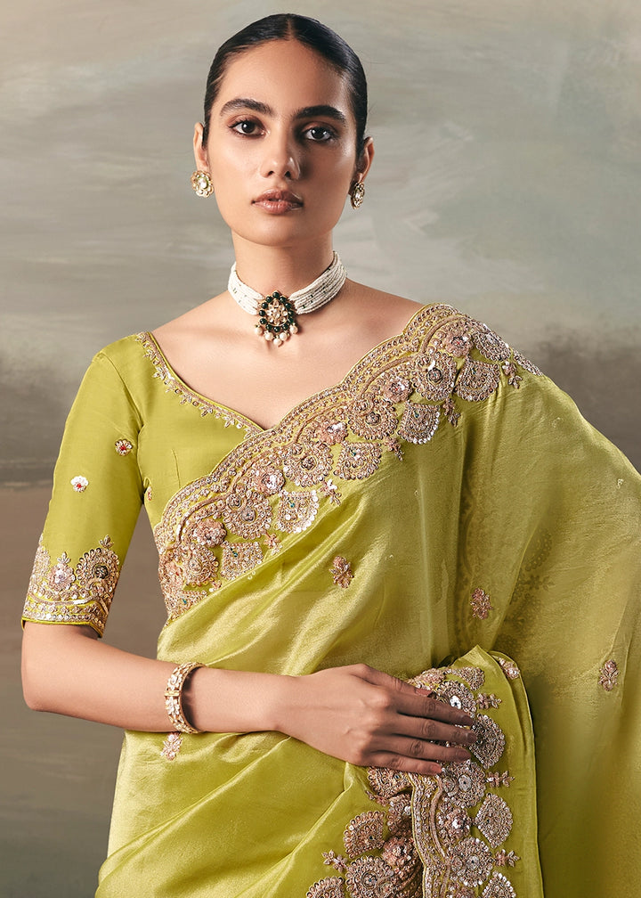 Limerick Green Designer Tissue Saree with Multi-Handcrafted Work