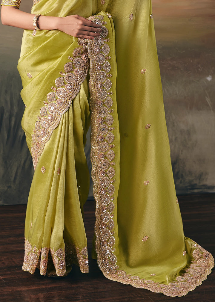 Limerick Green Designer Tissue Saree with Multi-Handcrafted Work