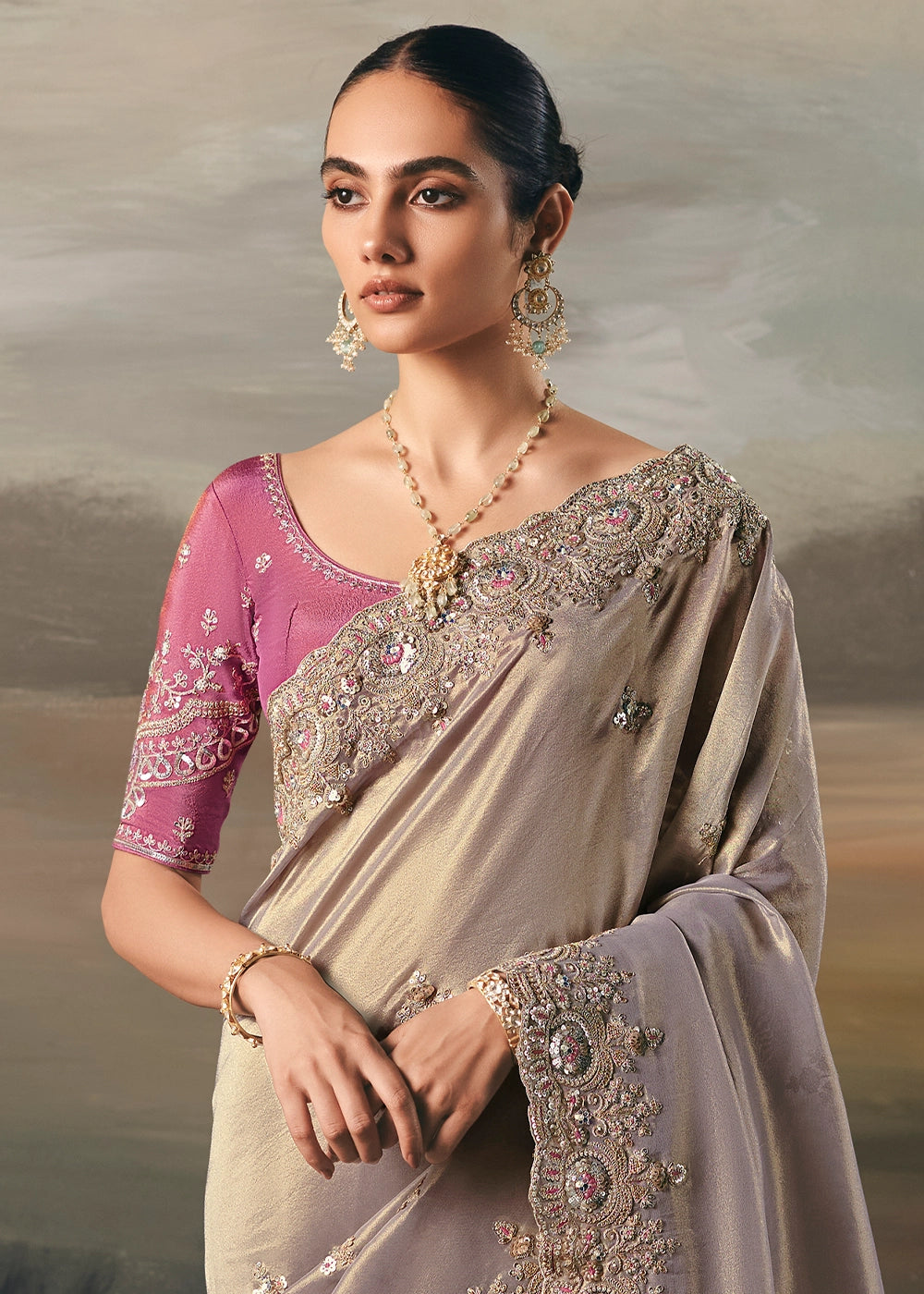 Little Princess Purple Designer Tissue Saree with Multi-Handcrafted Work