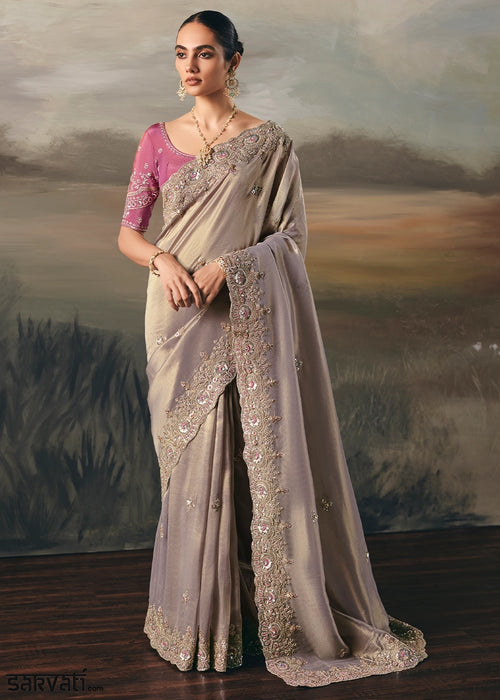 Little Princess Purple Designer Tissue Saree with Multi-Handcrafted Work