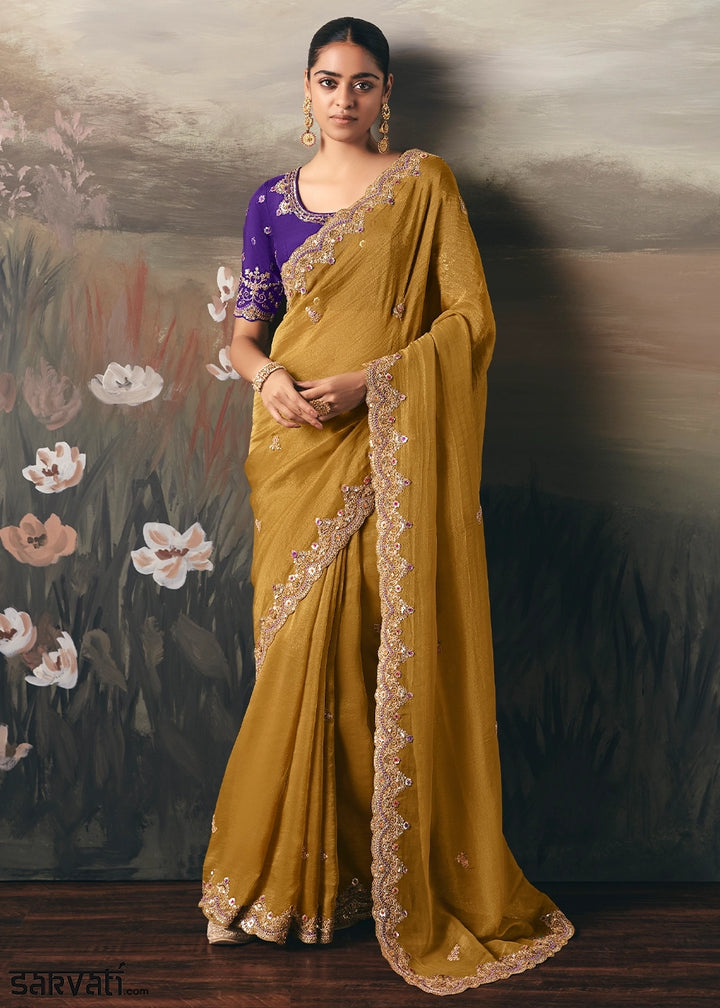 Mustard Yellow Designer Tissue Saree with Multi-Handcrafted Work